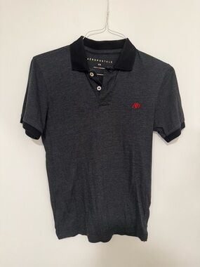 Aeropostale Men's Charcoal Polo with Black Collar and Red Logo